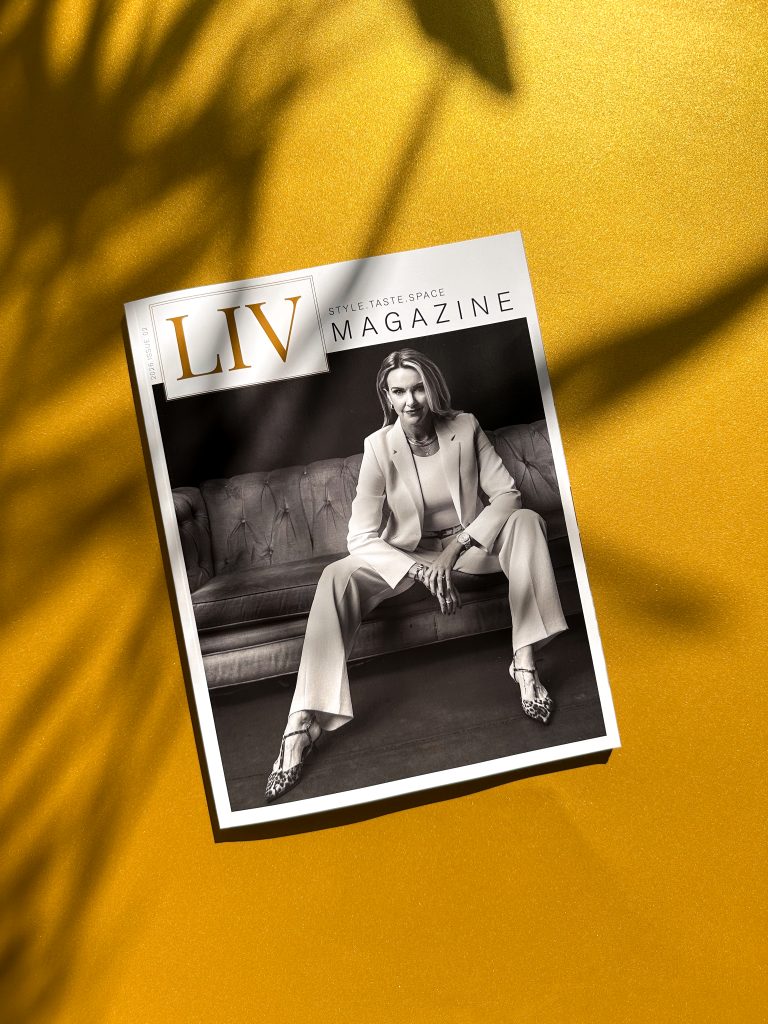 LIV Magazine cover printed by Mitchell Press, featuring black and white portrait on a textured yellow background. print magazine