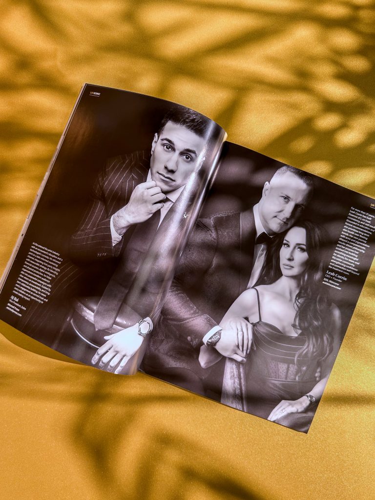 Full-bleed portrait spread in LIV Magazine highlighting luxury editorial print quality by Mitchell Press